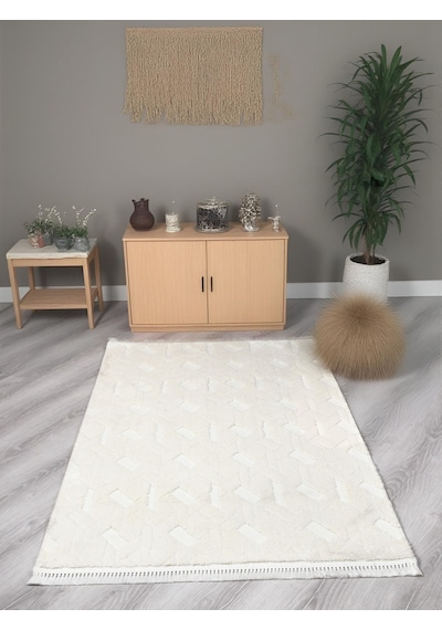 My Evilla Lara Bukleli Desenli Yumuşacık Peluş Halı Salon Oturma Odası Mutfak Koridor Halısı 9401a Krem