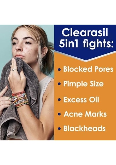 Clearasil İnatçı Akne Kontrolü 5'i 1 Arada Eksfoliye Yıkama 6.78 Fl. Oz., Blok Gözenekleri Azaltır, Sivilce Boyutu, Aşırı Yağ, Akne İşaretleri, Siyah Noktaları