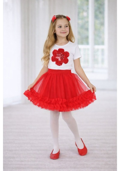 Dıgıl Kids Kız Çocuk Çiçek Desenli T-shirt Etek Takım Kırmızı - Beyaz1