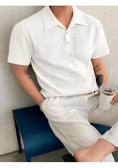 Genius Store Erkek Oversize Polo Yaka Waffle T-shirt Poloyaka-düğmeli Beyaz