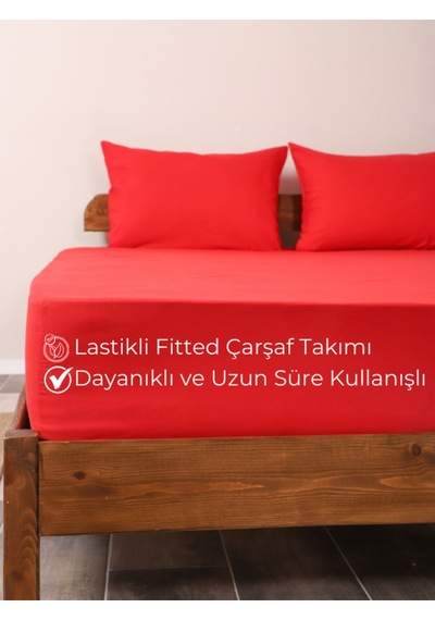 Kırmızı Lastikli Çarşaf Takımı Fitted Pamuklu Kumaş Yastık Kılıflı