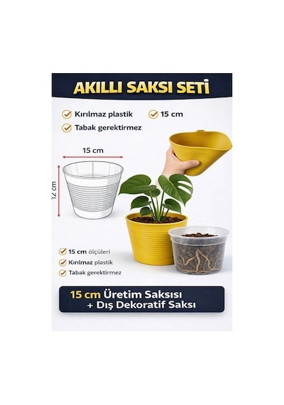Hüskon Ticaret 4 Adet Dekoratif Dış + 4 Adet Şeffaf Iç Saksı Akıllı Saksı Seti 1,8 Litre