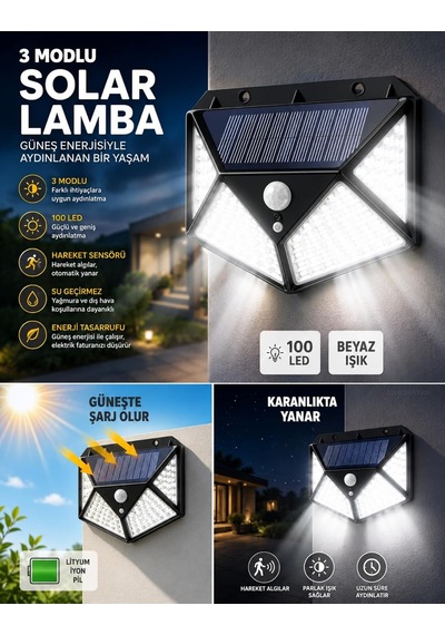 100 Led Solar Pır Hareket Sensörlü Su Geçirmez Duvar Lambası Ip65 Çok Renkli