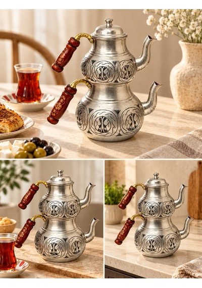 Aura Copper Ağır El İşlemeli Kalın Bakır Çaydanlık Takımı 1,2 Mm 27 Cm Gümüş Mat/ac-cy-030
