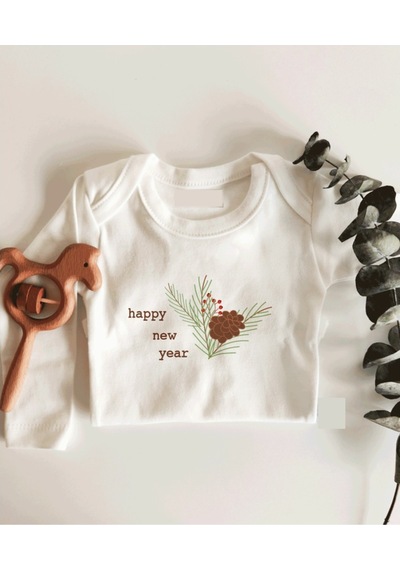 İmaj Tuğbababy Yeni Yıl Çam Ağacı Yaprağı Uzun Kol Çıtçıtlı Organik Bebek Body Beyaz