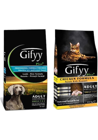 Gifyy Kuzu Etli Pirinçli Yetişkin Köpek Maması 15 KG + Gifyy Tavuklu Kedi Maması 15 KG
