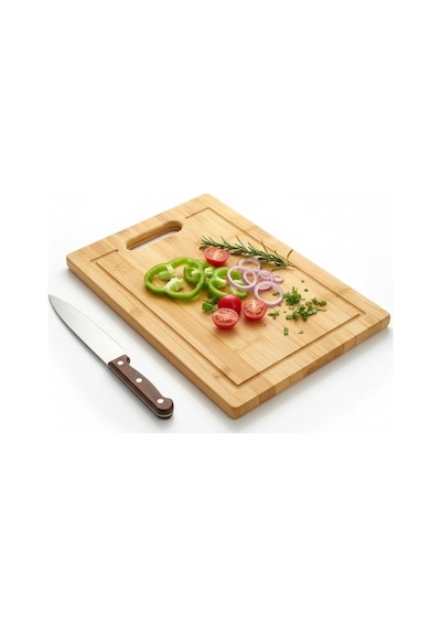 Dikdörtgen Bambu Kesme Tahtası 34x24 Cm Antibakteriyel, Oluklu Ve Kulplu Doğrama Tahtası