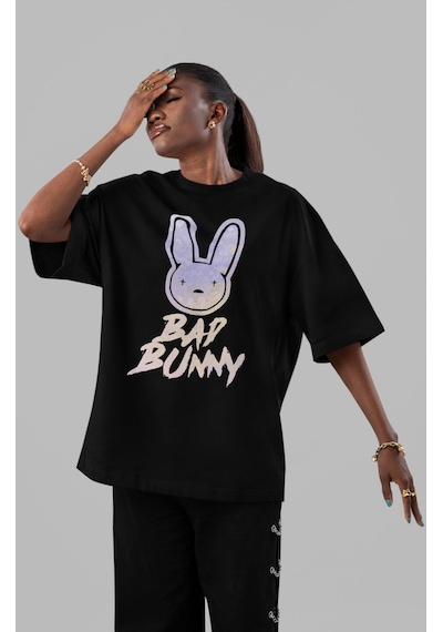 Sevbano Bad Bunny Rapper Şarkıcı Ön Baskılı Unisex Oversize Tişört Siyah