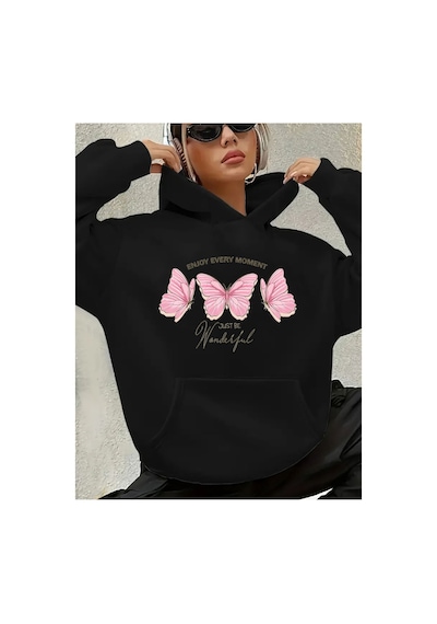 Herkesemoda Enjoy Every Moment Detay Baskılı İçi Polarlı Kapüşonlu Sweatshirt Siyah