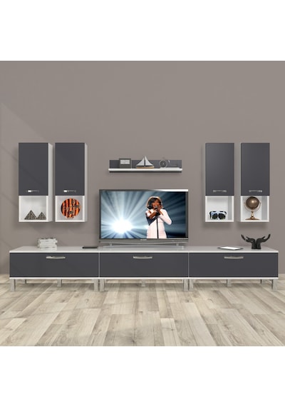 Decoraktiv Eko 8da Mdf Krom Ayaklı Tv Ünitesi Tv Sehpası Beyaz - Antrasit