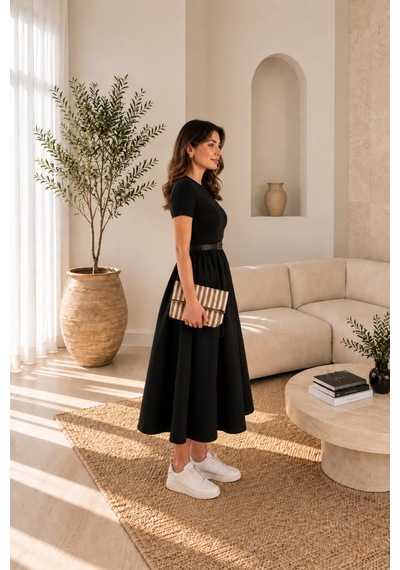 Unika Boutique Kendinden Kemerli Alt Poplin Kumaş Elbise Siyah