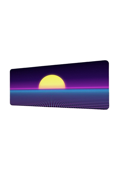 Synthwave Gaming Mousepad Xxl 90x40 Cm Kaymaz Taban Dikişli Kenar Retro Neon Oyuncu Masa Pedi Mor