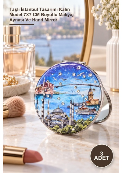 3 Adet El Aynası Taşlı İstanbul Tasarımı Kalın Model 7x7 Cm Boyutlu Makyaj Aynası Ve Hand Mirror Altın