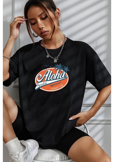 Unisex Aloha Baskılı T-shirt Siyah
