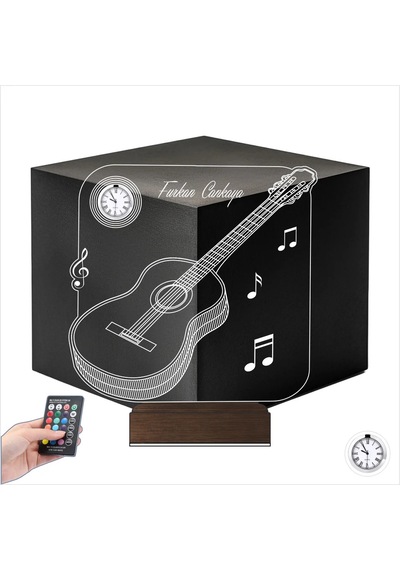 Luvivia Klasik Gitar Müzik Nota Gitarist Kişiye Özel Metal Saatli 3d Lamba - Masa Gece Lambası Şeffaf