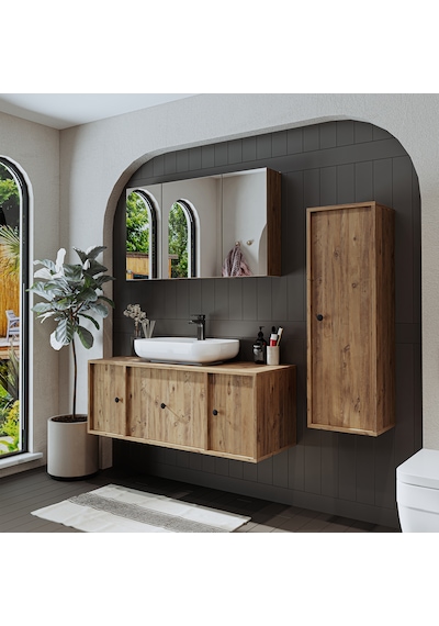 Oval Lavabolu Mat Mdf 120 Cm Çekmeceli Banyo Dolabı + Aynalı Üst Atlantik Çam Oval Lavabolu Mat Mdf 120 Cm Çekmeceli Banyo Dolabı + Aynalı Üst Atlantik Çam