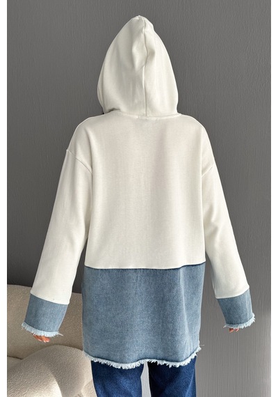 Femelle Kadın Kapüşonlu Kot Denim Detaylı Düğmeli Tasarım Sweatshirt beyaz