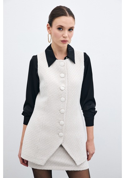 Sateen Düğmeli Tüvit Yelek - Taş-135716 TAŞ Taş