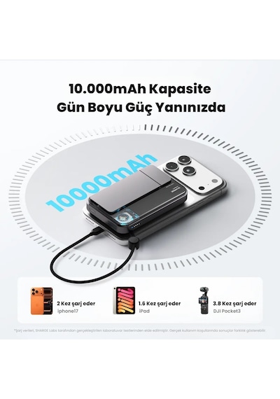 Sharge Icemag 3 Soğutucu Fanlı Standlı 10000 Mah Qi2 25w Magsafe Uyumlu Şeffaf Powerbank, Dahili Kablolu Hızlı Şarj Cihazı Siyah