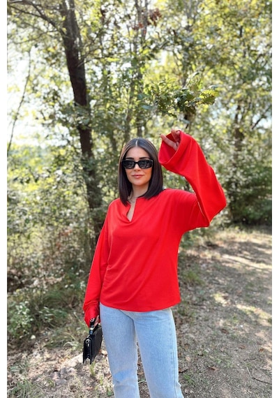 WeShaya Kadın Kırmızı Uzun Kol, Duble Manşet, Yırtmaçlı Yaka, Salaş Sweatshirt Bluz Kırmızı WeShaya Kadın Kırmızı Uzun Kol, Duble Manşet, Yırtmaçlı Yaka, Salaş Sweatshirt Bluz Kırmızı