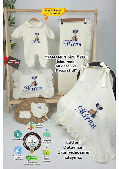 Gros Shop Müslin Yeni Doğan 4katlı Organik %100pamuk Kişiye Özgü Nakışlı Hastane Çıkış Seti Balonlu Aslan-4 Ekru