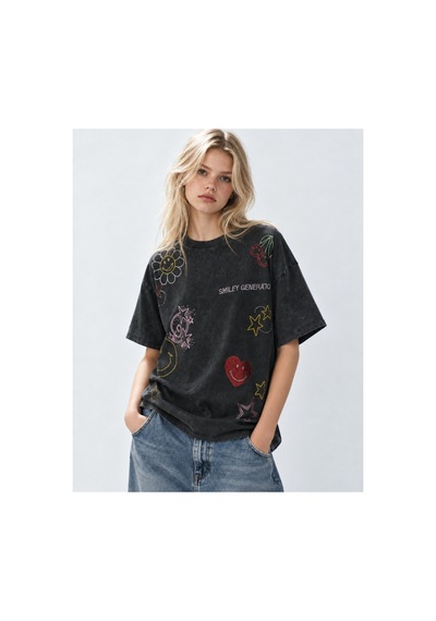 Smıley Crystal Washed Taş İşlemeli Antrasit T-shirt Antrasit Gri Antrasit Gri