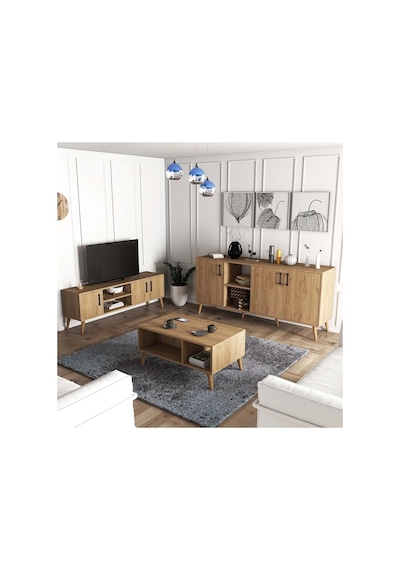 Ahşap Ayaklı Tv Ünitesi - Orta Sehpa - Konsol Seti Sepet Rengi Set 1586-2076-1626