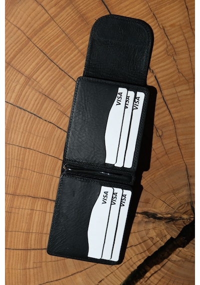 Lenax Leather Mono Klips Hakiki Deri Erkek Cüzdan Nakit Para Klipsli, Mıknatıslı Kapak, Bozuk Para Cepli Siyah