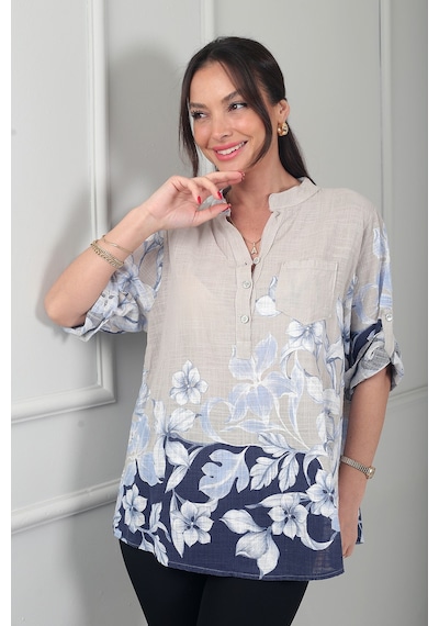 By Saygı Kadın Üç Düğme Detaylı Çiçek Desenli Tek Cepli İtalyan Cotton Oversize Bluz Bej