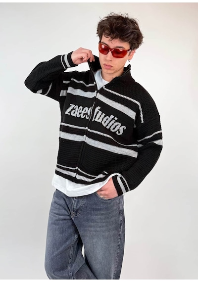 Zaee Studio Stripe Knit Crop Boy Triko Ceket gri