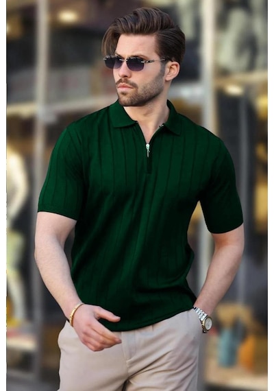 Rıbana Classıc Polo Yaka Çizgili Fermuarlı Erkek T-shirt Yeşil