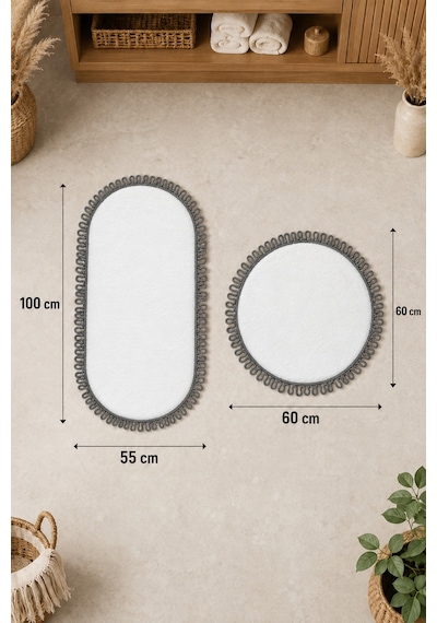 El Yapımı Bohem Banyo Paspası 2'li Peluş Kaymaz Jel Taban Yuvarlak 60x60 Cm Ve Oval 55x100 Cm Beyaz Gri