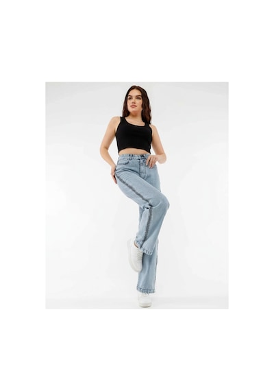 Kene Jeans Yüksek Bel Yan Fermuar Detaylı Buz Kar Bol Paça Jean Buz Kar