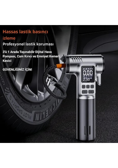 Coofbe 4in1 150psı 4000mah Şarjlı Araç Lastik Şişirme Pompası+emniyet Kemer Kesici+cam Kırıcı+led Işıklı