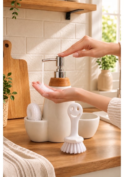Porsima 5310825 Tezgah Üstü Beyaz Sıvı Sabunluk Fırçalı Süngerli Porselen Sabunluk 700ml 28cm