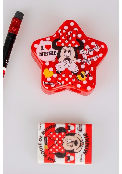 Dekomus İle Lisanslı Mınnıe Mouse 3 Adet Silgili Kurşun Kalem,ruj Silgi Ve Yıldız Kalemtraş Seti Altın