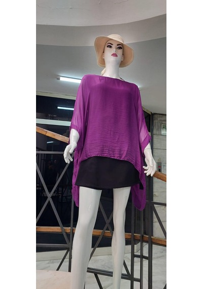 Bohem Stil İtalyan Yarasa Kollu İpek Bluz FUŞYA