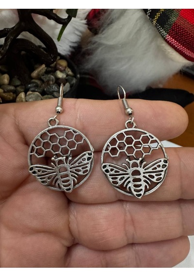 Honey Bee Petek Desenli Arı Figürlü Gümüş Renk Küpe Çok Renkli