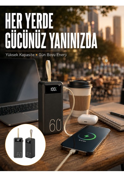 Powerbank 60.000 Mah Taşınabilir Şarj Hızlı El Fenerli Dijital Göstergeli Yeni Nesil Altın