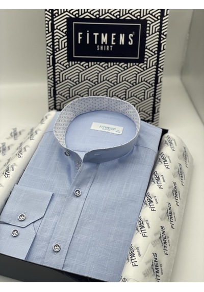 Hakim Yaka Slim Fit Keten Hediye Kutulu Erkek Gömlek Fs-003042 - Mavi-2194 MAVİ