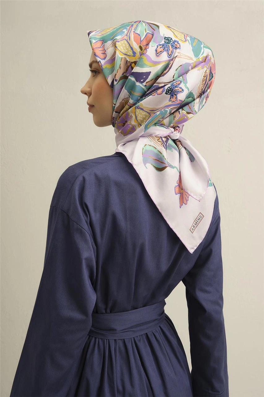 Armine Çiçek Desenli Saf İpek Twill Eşarp 9332d 33 Lila