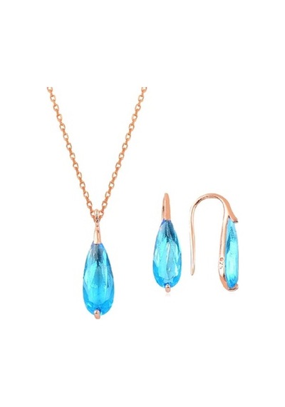 Gümüş Rose Akuamarin Taşlı Damla Kolye Ve Küpe Ikili Gümüş Set