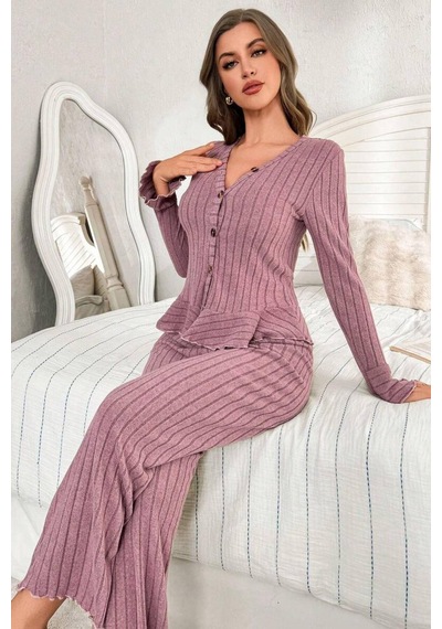 Bella Notte V Yaka Gül Kurusu İspanyol Kol Pamuklu Pijama Takımı Pembe