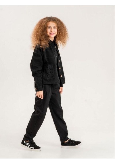 Zekids Kız Çocuk Brode Cep Gabardin Ceket-13903 Siyah
