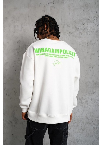 Erkek 3 İplik Bisiklet Yaka Baskılı Sweatshirt - Beyaz