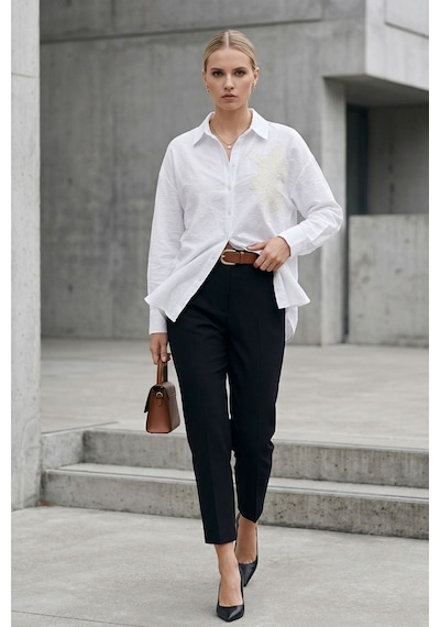 Kadın Beyaz Gömlek Düz Nakış Detaylı Uzun Kollu Oversize Şık Günlük Smart Casual Bluz - Kadın Gömlek