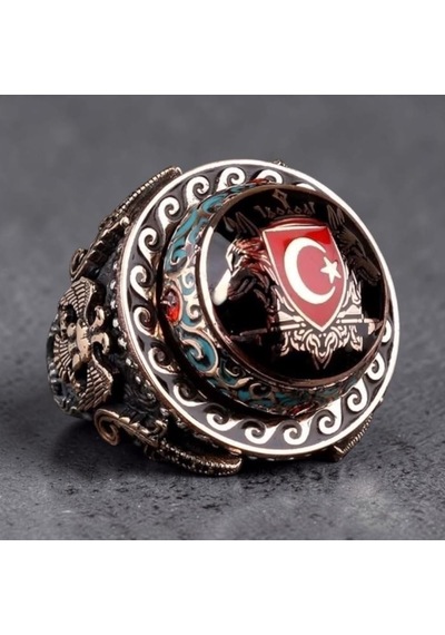 925 Ayar Gümüş Çift Başlı Kartal Kurt Ayyıldız Şehzade Erkek Yüzük