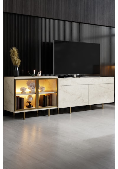 Vienna Gold Demir Ayaklı Rgb Led Işık Sistemli Traverten Tv Ünitesi Tv Sehpası Traverten - Altın Vienna Gold Demir Ayaklı Rgb Led Işık Sistemli Traverten Tv Ünitesi Tv Sehpası Traverten - Altın