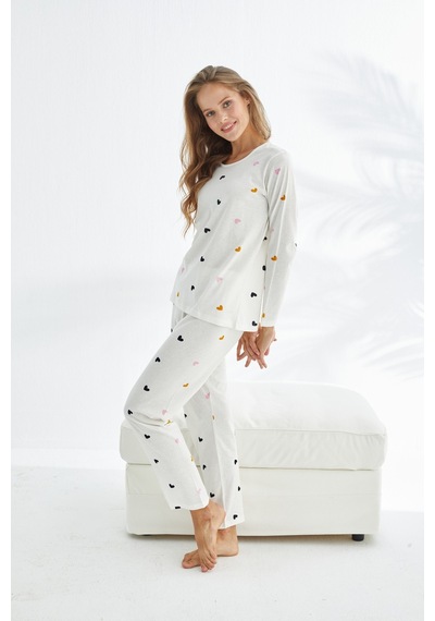 Siyah İnci Pamuklu Pijama Takımı 7681 Beyaz Renkli Kalp
