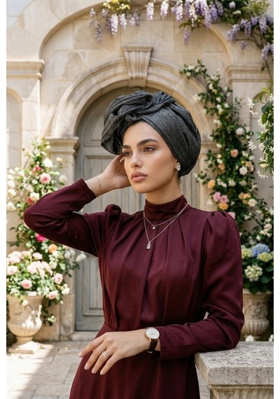 Aişe Tesettür Siyah Gümüş Fransız Model Şapkalı Bone